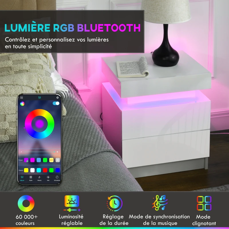 HOMCOM Table de chevet table de nuit lumière LED RVB panneau haute brillance avec 2 tiroirs pour salon chambre à coucher blanc