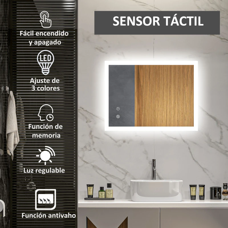 kleankin Espejo de Baño con Luces LED Regulable en 3 Colores 80x60 cm Función Antivaho Función de Memoria Interruptor Táctil