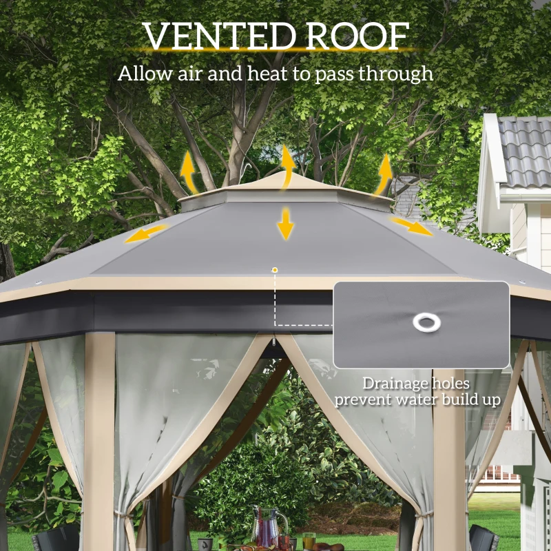 Outsunny tuinpaviljoen opvouwbaar tuinhuisje 4 x 4 m pop-up tent partytent incl. draagtas 6 zijpanelen dubbel dak zeshoekig beige + kaki