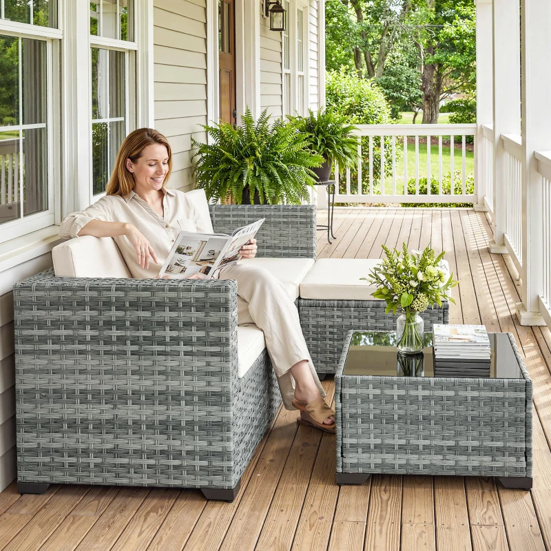 Outsunny Salotto da giardino in polyrattan 5 pezzi con divano angolare, pouf, tavolo e cuscini, Grigio e Crema