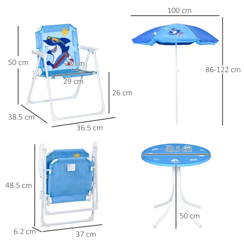 Outsunny Kids Outdoor Bistro Table and Chair Set, Folding Garden Furniture w/ Shark Design, Removable, Adjustable Sun Umbrella, Ages 3-6 Years - Blue