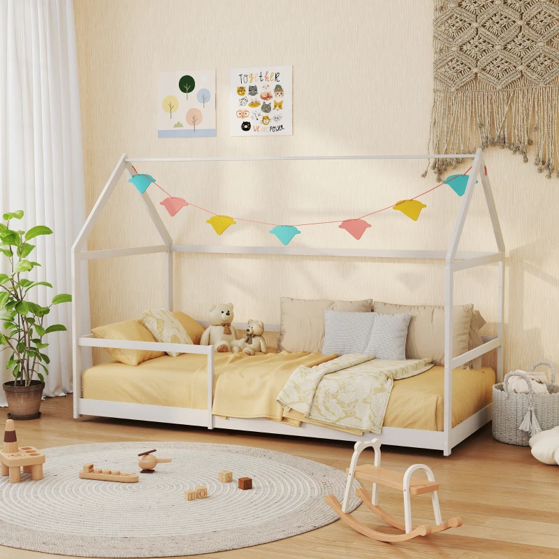 AIYAPLAY Lit cabane enfants 90x190 cm lit enfants lit maison enfant avec protection antichute, sommier à lattes et toit inclus