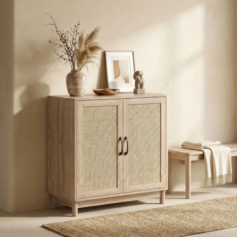 HOMCOM Buffet salon, meuble de rangement avec 2 portes en rotin, étagère réglable et bords arrondis, 76 x 35 x 75,5 cm, chêne