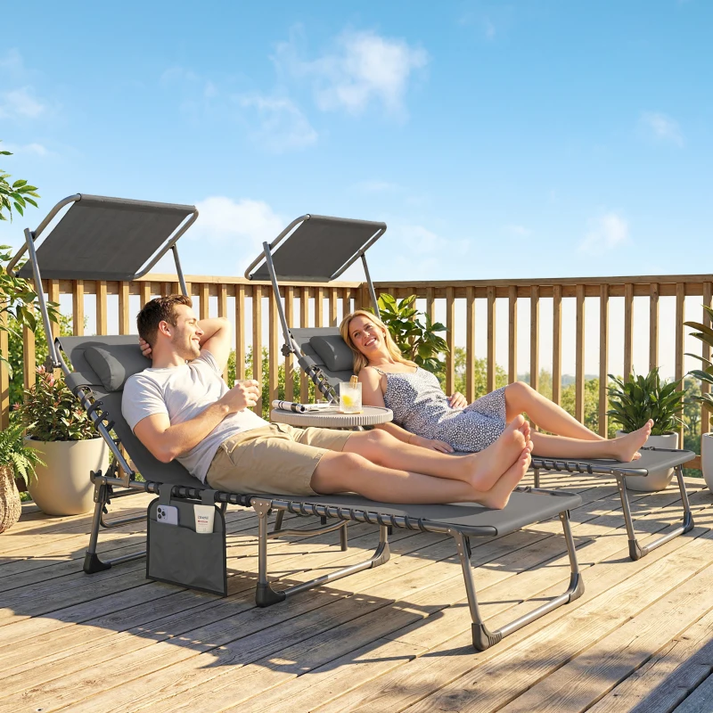 Outsunny Set de 2 Tumbonas Plegables con Reposacabezas Parasol Bolsillo Lateral y Respaldo Reclinable en 5 Posiciones Gris