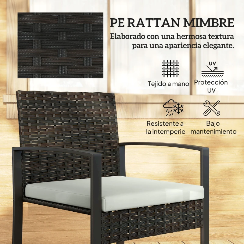 Outsunny Conjunto de Muebles de Jardín de Ratán Sintético con 2 Sillas con Cojines Extraíbles y Mesa con Tablero de Vidrio Crema