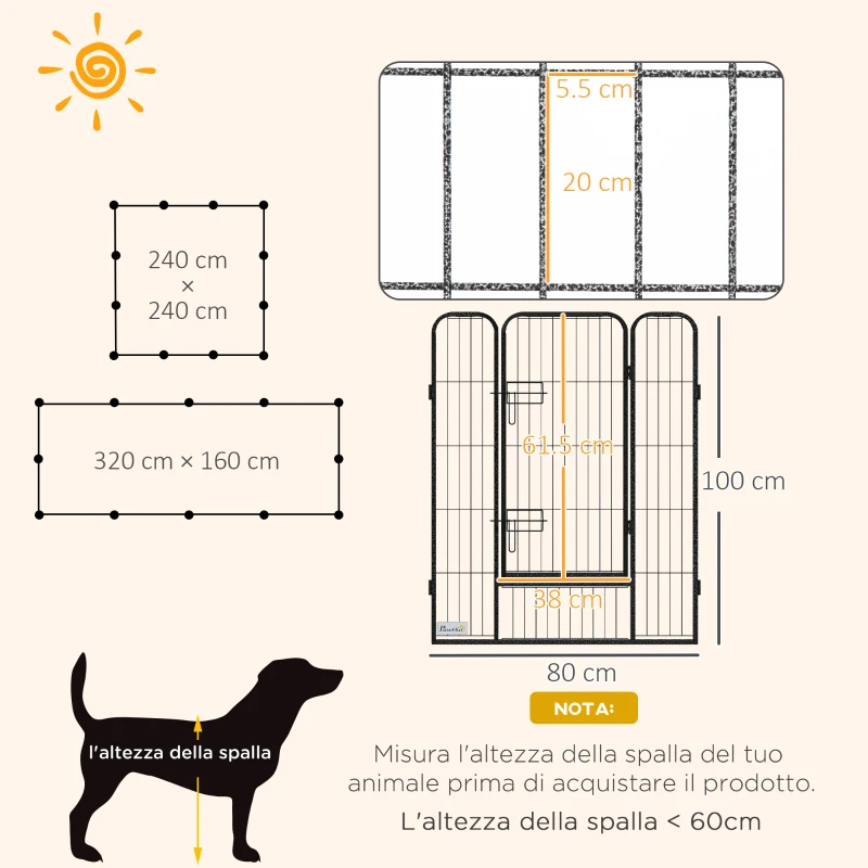 PawHut Recinto per Cani a 12 Pannelli Modulabili da 80x100 cm, Pieghevole con Porta in Acciaio e 12 Picchetti, Grigio