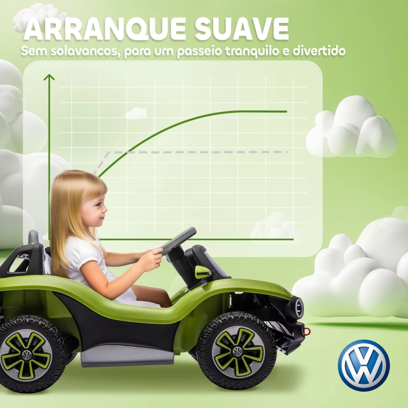 AIYAPLAY Carro Elétrico para Crianças Volkswagen E-Buggy Bateria 12V com Controlo Remoto 2,4 G Faróis LED Música USB 98x56,5x47 cm Verde