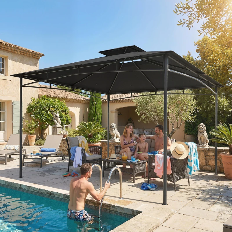 Outsunny Pavillon 3x3m Wasserdicht Stabil Winterfest Gartenpavillon mit zurückziehbar Obenrahmen Doppeldach Dunkelgrau