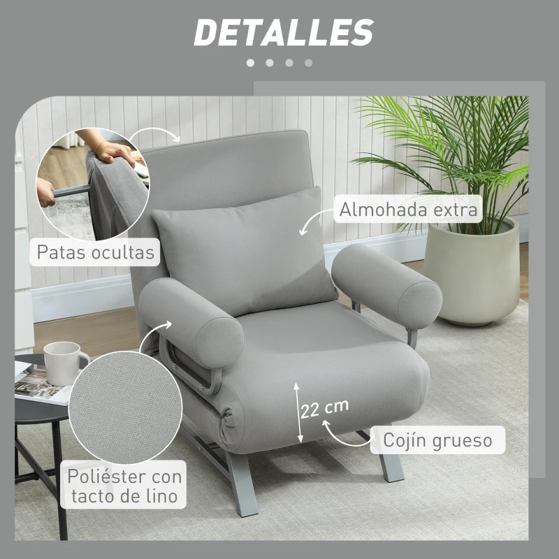 HOMCOM Sillón Cama Individual 3 en 1 Sofá Cama Plegable con Respaldo Ajustable y Cojín para Sala Dormitorio 73x78x81 cm Gris