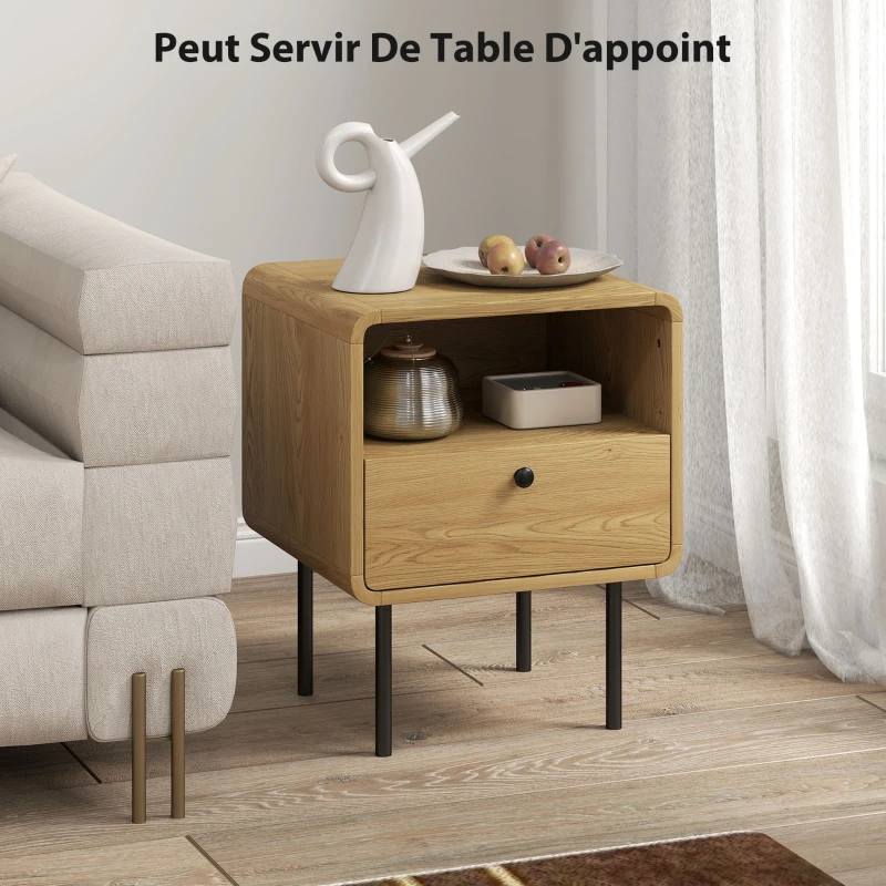 HOMCOM Table de chevet étroite table d'appoint compartiment ouvert et 1 tiroir pieds en acier 40 x 36 x 50 cm, effet bois chêne