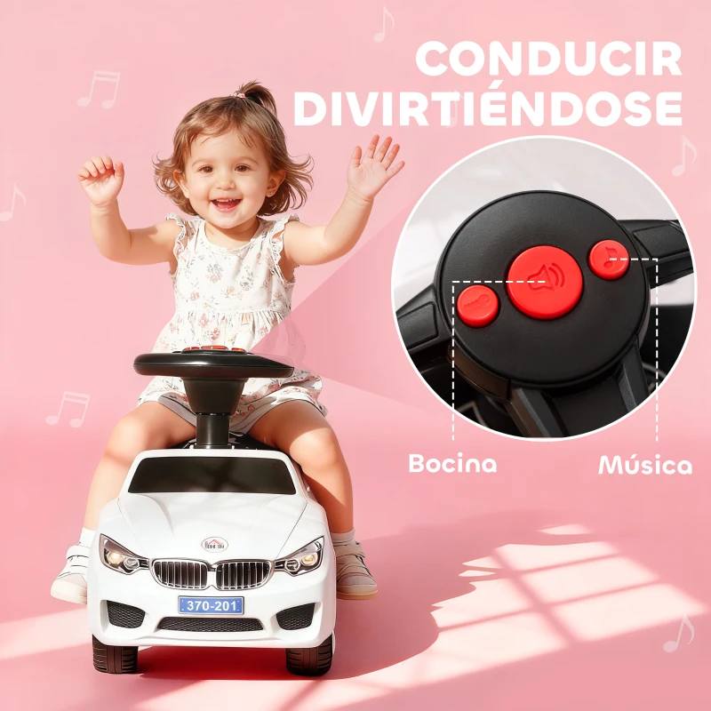 HOMCOM Coche Correpasillos para Niños de 18-36 Meses con Faros Música Bocina Volante Espacio de Almacenaje y Asa Blanco