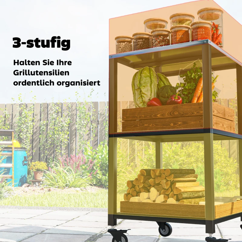 Outsunny Grillwagen 3-Etagen Grilltisch mit Edelstahl Arbeitsfläche Rollen mobiler Servierwagen 50 x 50 x 90 cm Schwarz