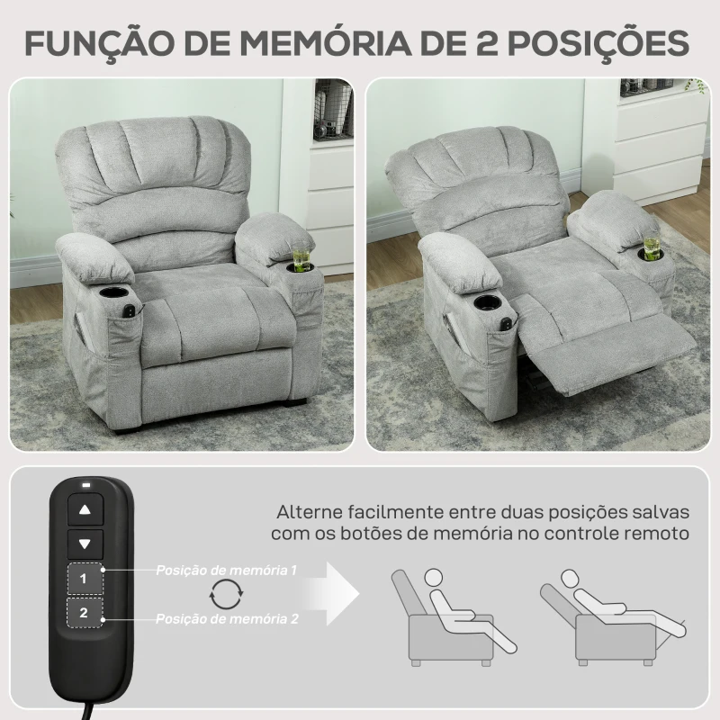HOMCOM Poltrona Relax Reclinável Elétrica com Função Memória Apoia-Pés Controlo Remoto Bolsos Laterais Porta USB Porta-Copos Cinza