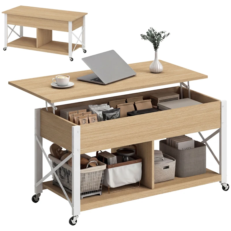 HOMCOM Mesa de Centro Elevatória com Rodas Compartimento Oculto e Prateleiras Abertas 105x50x67 cm Madeira e Branco