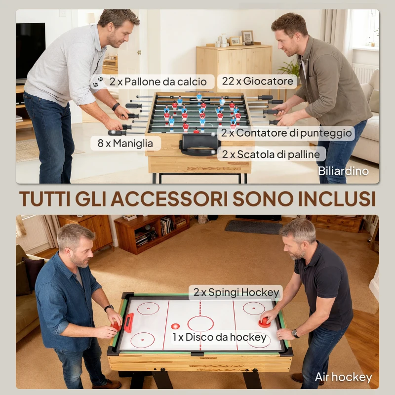 SPORTNOW Tavolo da Gioco 13 in 1 Pieghevole con Calciobalilla, Ping Pong, Hockey, Biliardo, Scacchi e Altri, Noce