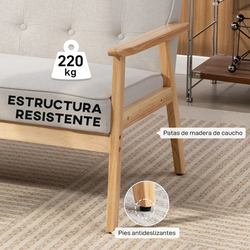 HOMCOM Sofá de 2 Plazas Tapizado en Lino Sintético Sofá Nórdico con Patas y Reposabrazos de Madera 113x67x78 cm Beige