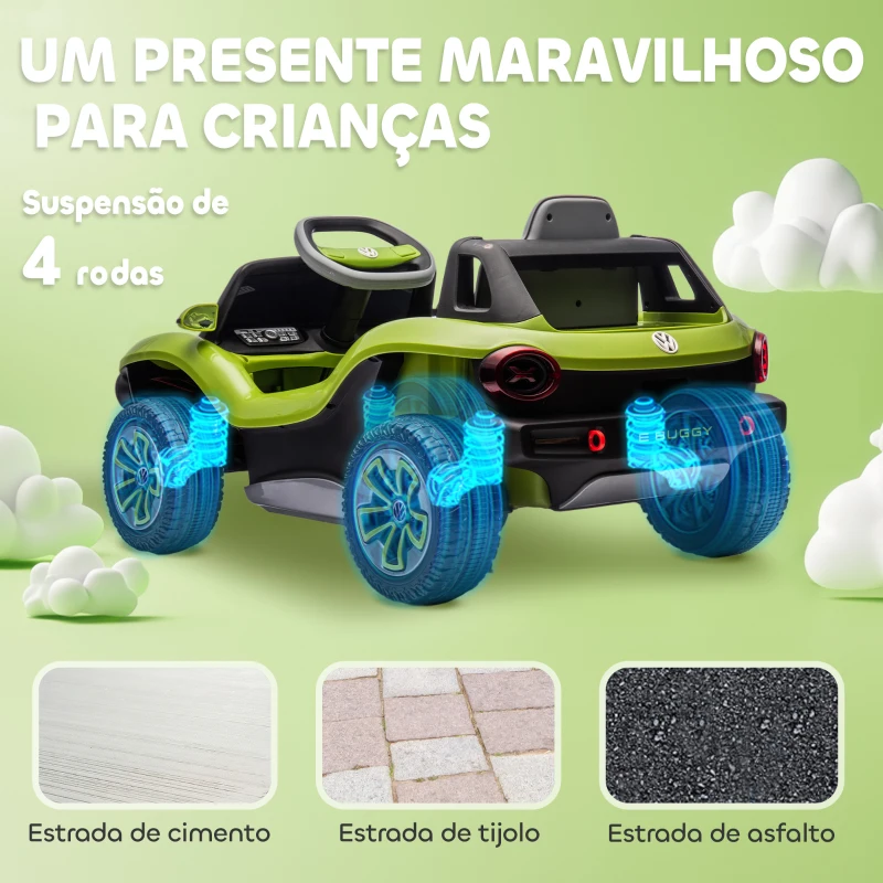 AIYAPLAY Carro Elétrico para Crianças Volkswagen E-Buggy Bateria 12V com Controlo Remoto 2,4 G Faróis LED Música USB 98x56,5x47 cm Verde