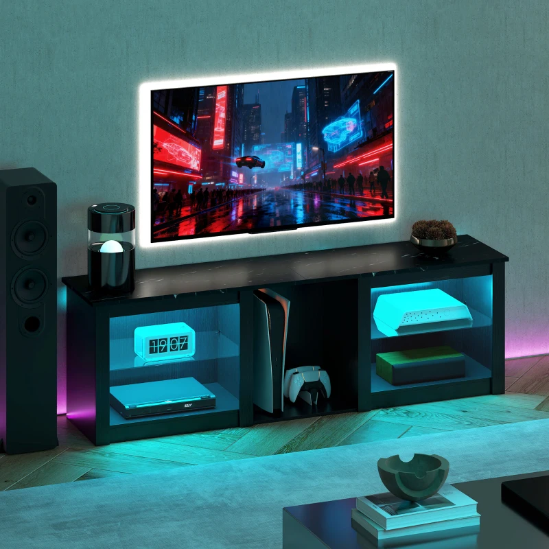 HOMCOM Meuble TV avec éclairage LED pour télévision jusqu'à 65 pouces, 160cm avec étagères en verre réglables, noir