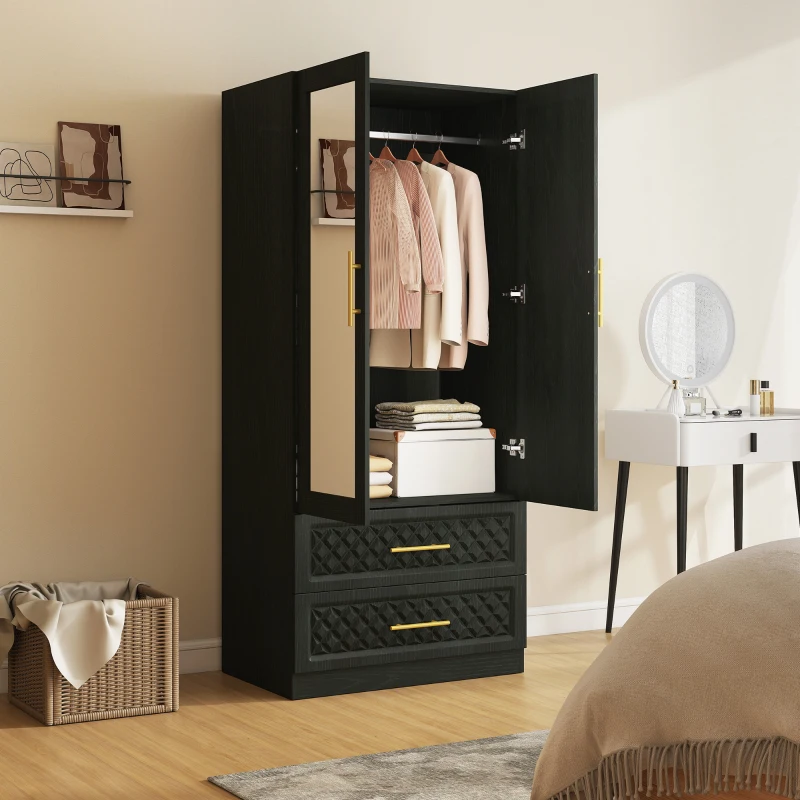 HOMCOM Armario Ropero con Espejo 2 Puertas y 2 Cajones Relieve de Diamante Barra para Colgar 80x50x180 cm Negro