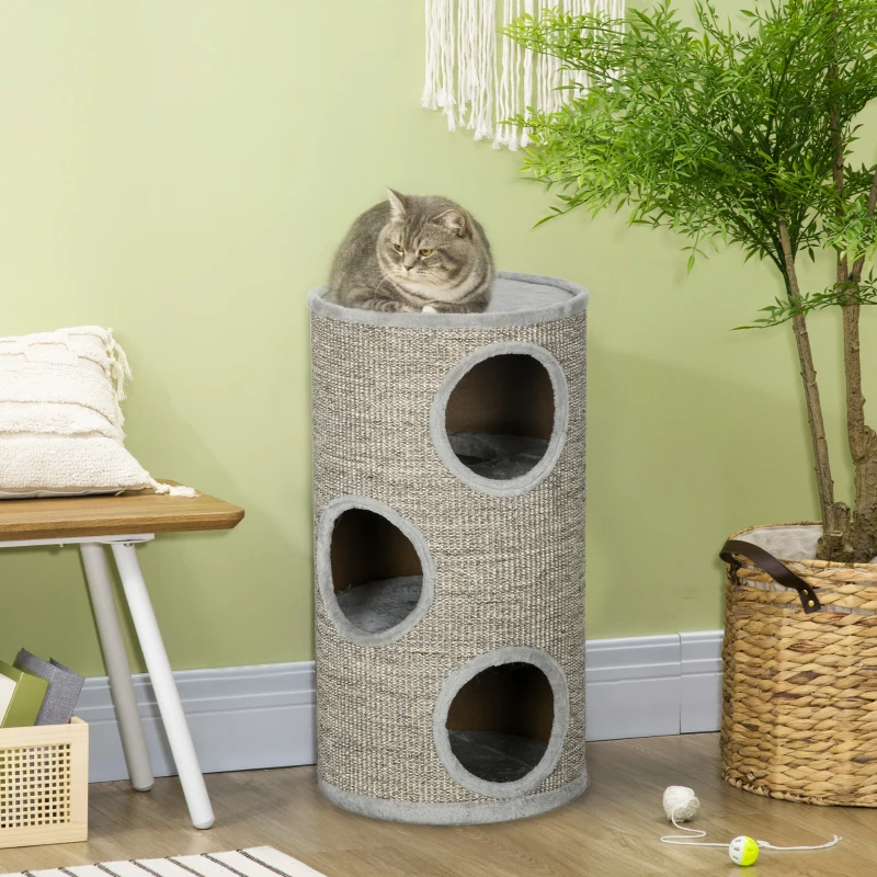 PawHut Tonneau à gratter pour chat, tour à griffer en sisal à 3 niveaux recouvert de peluche, Ø 38 x 70 cm, gris