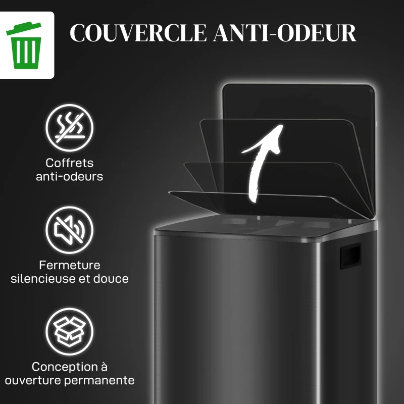 HOMCOM Poubelle de cuisine 2 compartiments de 2 x 30L, acier inoxydable, couvercle à fermeture douce, 47,7x37,5x66,8cm, noir