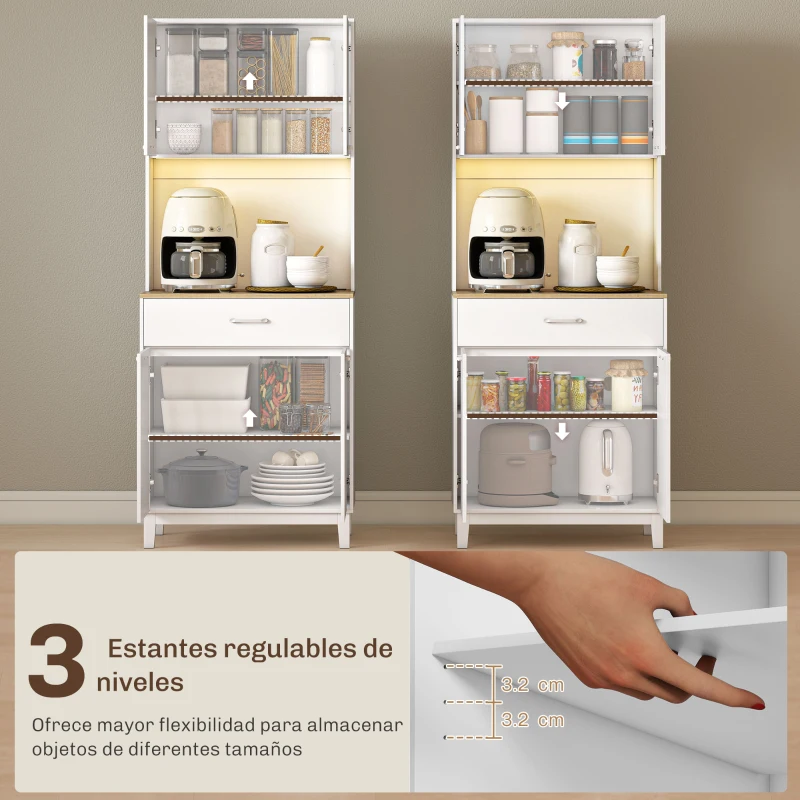 HOMCOM Alacena de Cocina con Luces LED Estación de Carga 4 Puertas Cajón Encimera Abierta 71x40x180 cm Blanco