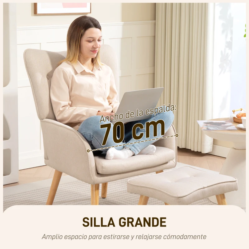 HOMCOM Sillón con Reposapiés Sillón Lectura con Respaldo Alto Capitoné Patas de Madera y Tapizado en Lino Beige