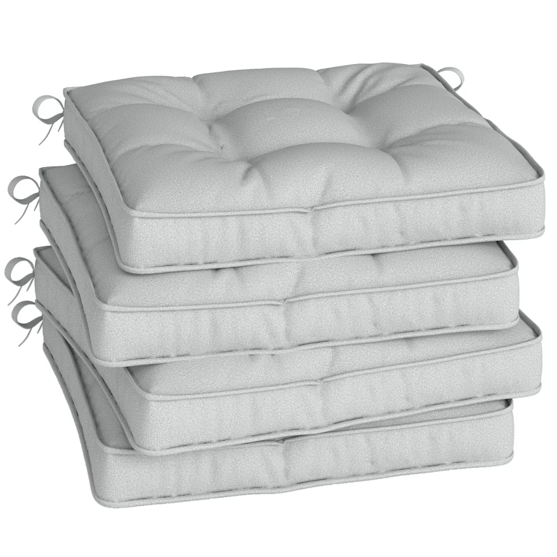 Outsunny Set of 4 Garden Seat Cushion with Ties, 42 x 42cm Replacement Dining Chair Seat Pad, Light Grey