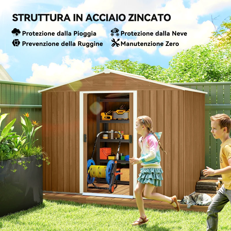 Outsunny Casetta da Giardino in Lamiera di Acciaio con Porte Scorrevoli, 236x174x190cm, Marrone
