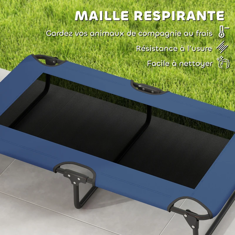 PawHut Lit surélevé pour chiens pliable rafraîchissant, lit de camp pour animaux en maille respirante 107x61x20cm bleu foncé