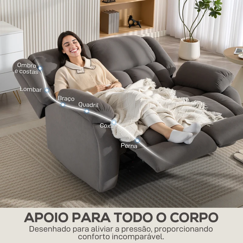 HOMCOM Sofá Reclinável Manual de 2 Lugares Ajuste Separado Revestimento em Veludo Apoio para os Pés Ajustável 145x100x102 cm Cinzento