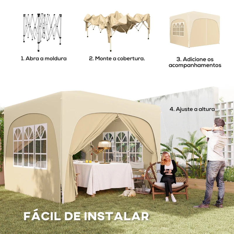 Outsunny Tenda Dobrável 3x3 m com Painéis Laterais UPF50+ Tenda de Jardim com Altura Ajustável e Bolsa de Transporte Areia