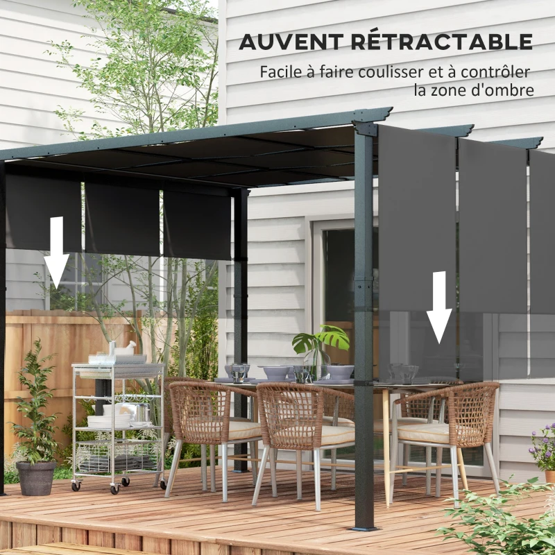 Outsunny Pergola avec 3 toiles coulissantes 3,5 x 3 x 2,35 m structure acier noir toile polyester gris foncé