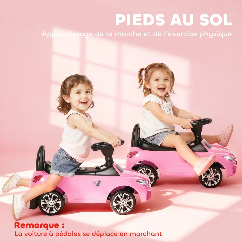 HOMCOM Porteur enfants voiture, véhicule à pousser avec coffre à jouets, klaxon, phares et musique, 63,5 x 28 x 36 cm, rose