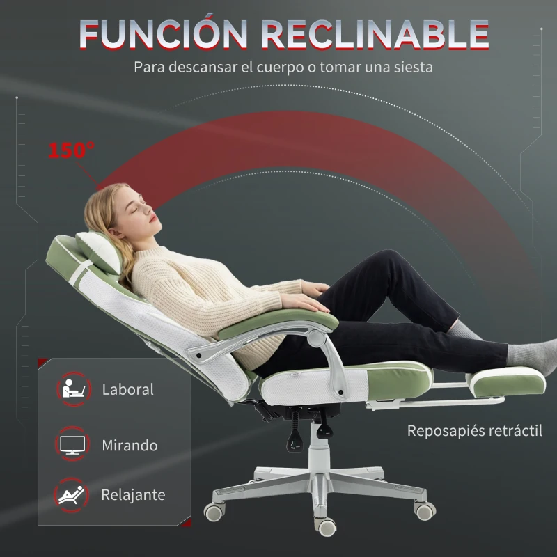 HOMCOM Silla Gamer Reclinable con Altura Ajustable Reposapiés Retráctil Soporte Lumbar y Reposacabezas Desmontable Verde