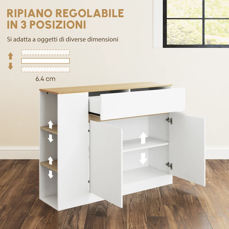 HOMCOM Mobile Buffet con Ante, 3 Ripiani Aperti, Cassetto, 105 x 30 x 81,5cm, Bianco e Legno