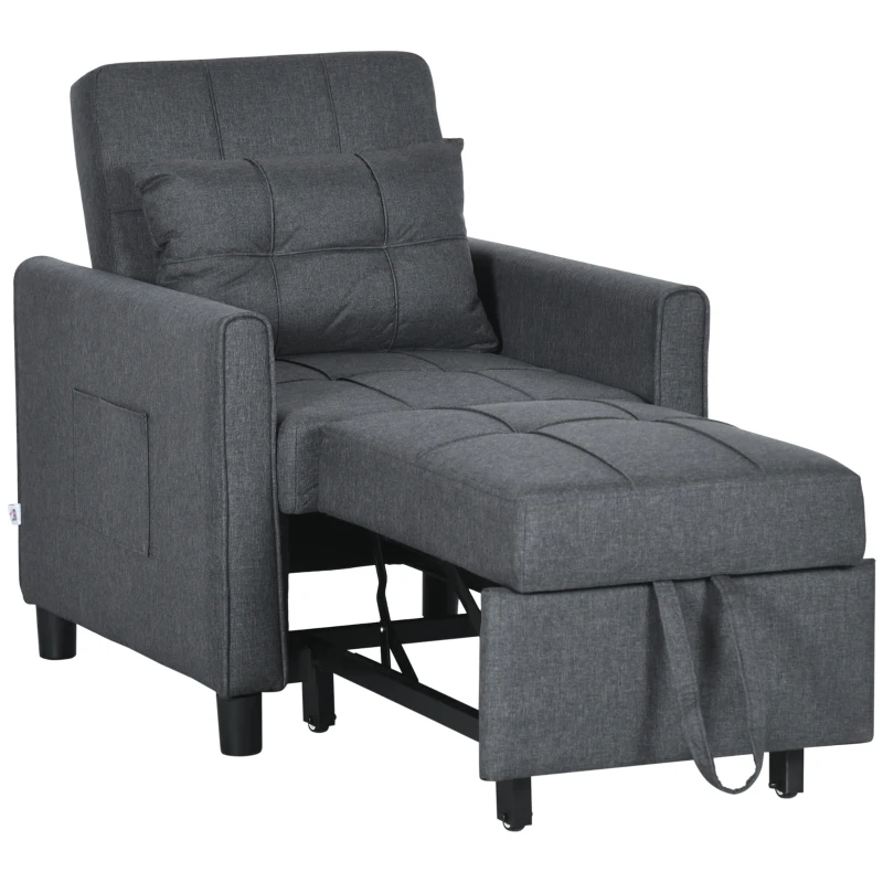 HOMCOM Fauteuil convertible 1 place 3 en 1 dossier réglable en 3 positions oreiller inclus 2 poches latérales 69x82x85cm gris(m-12)