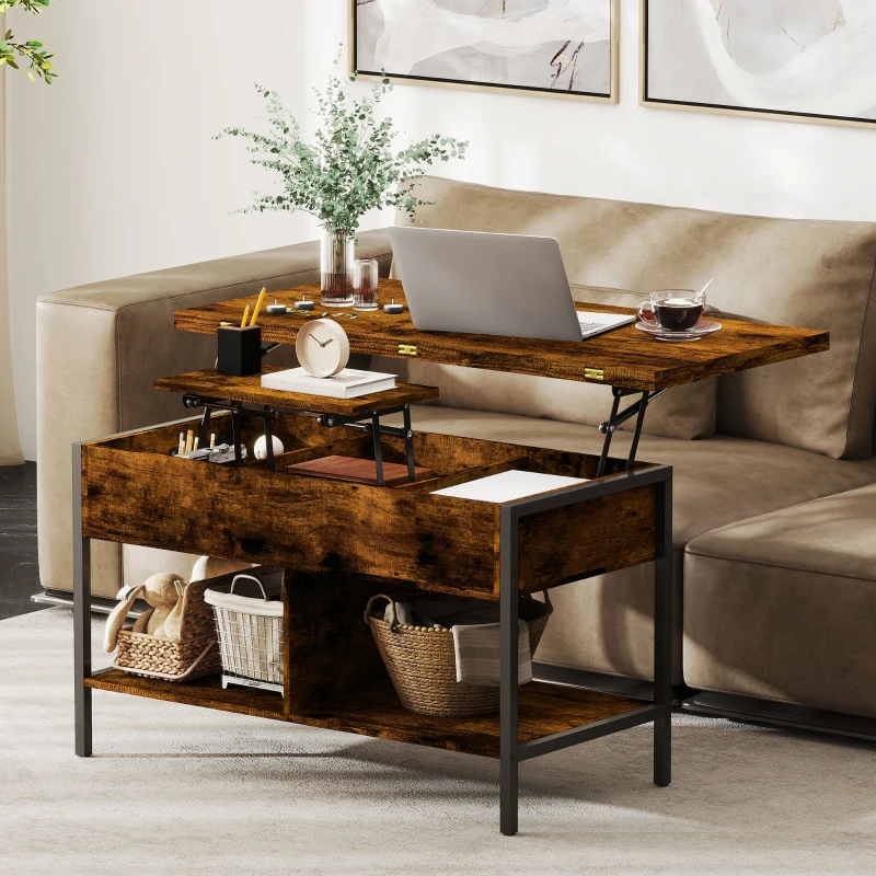 HOMCOM Table basse relevable et extensible, table de salon avec compartiment caché étagères ouvertes, 98x49x55cm, brun rustique