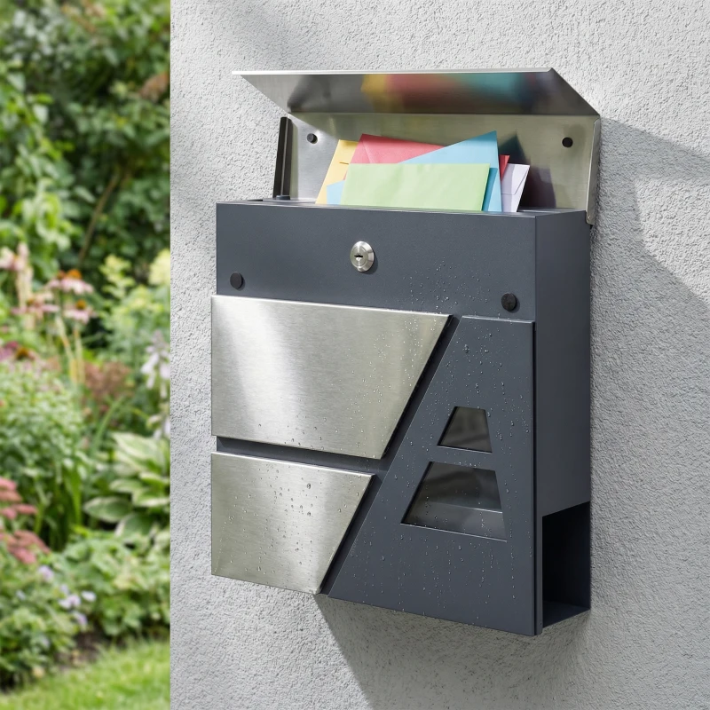 HOMCOM Brievenbus voor wandmontage, weerbestendig met krantenhouder en 2 sleutels voor buitenmuur, Donkergrijs