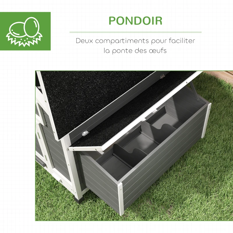 PawHut Poulailler en bois accueillant 4 poules, cage à poules avec pondoir, toit imperméable ouvrable, tiroir amovible, gris
