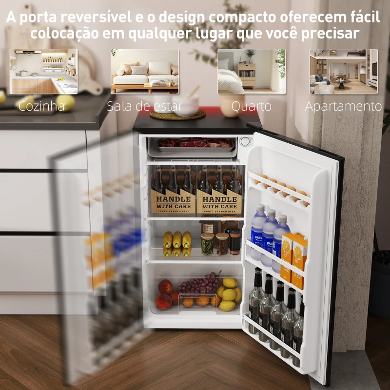 HOMCOM Frigorífico Pequeno com Congelador 91L Silencioso Porta Reversível Temperatura Regulável e Prateleiras Ajustáveis Preto