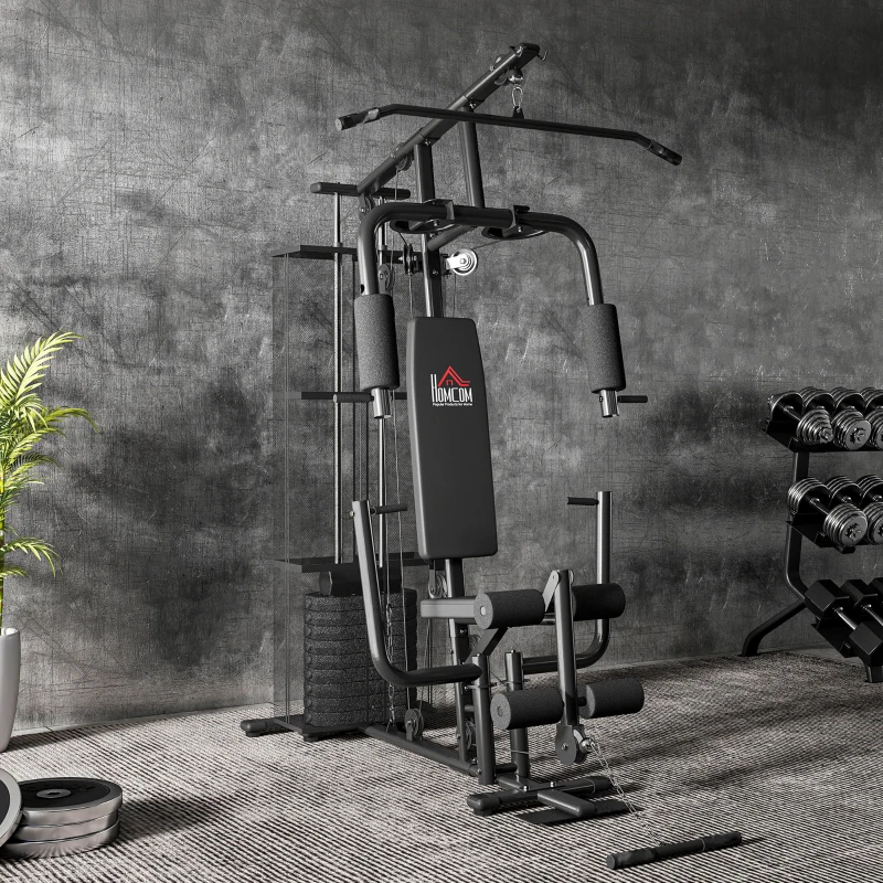 HOMCOM Gym Krachtstation Fitnessstation Multigym Fitnesscentrum Fitnessapparatuur incl. gewichten Latzug Beincurl Metaal PU-kunstleer zwart 150 x 110 x 210 cm(m-11)