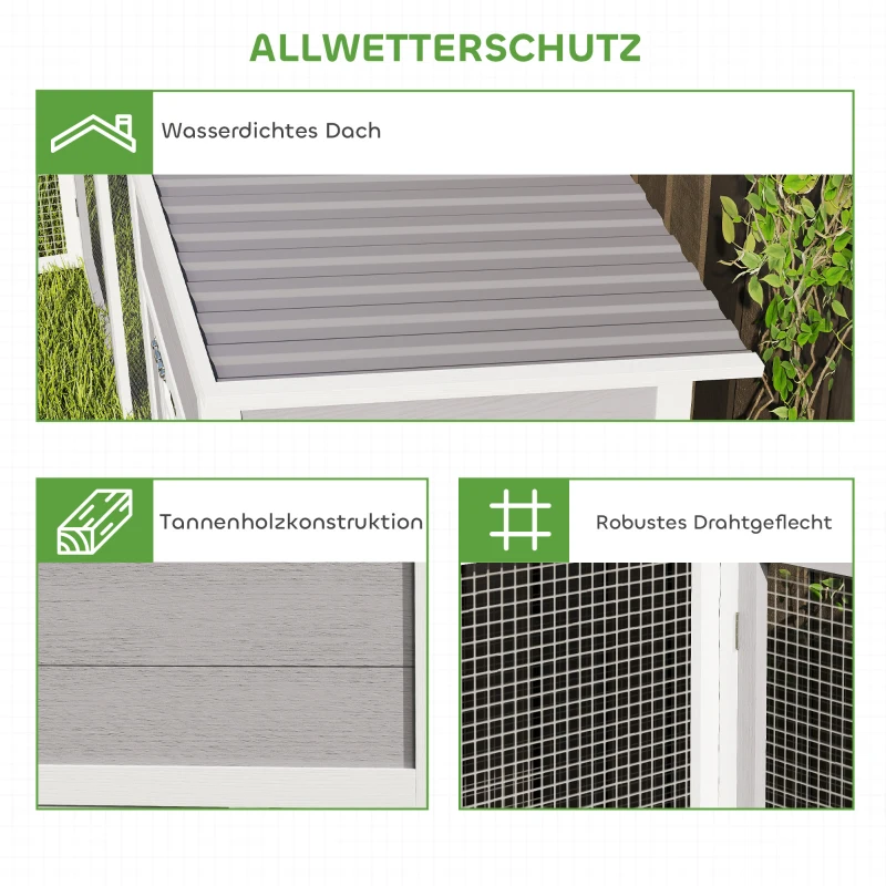 PawHut Hühnerstall L-förmiges Hühnerhaus aus Holz mit 2 Häusern, 2 Ebenen, Auslauf, Rampe, 251 x 192 x 103 cm Grau