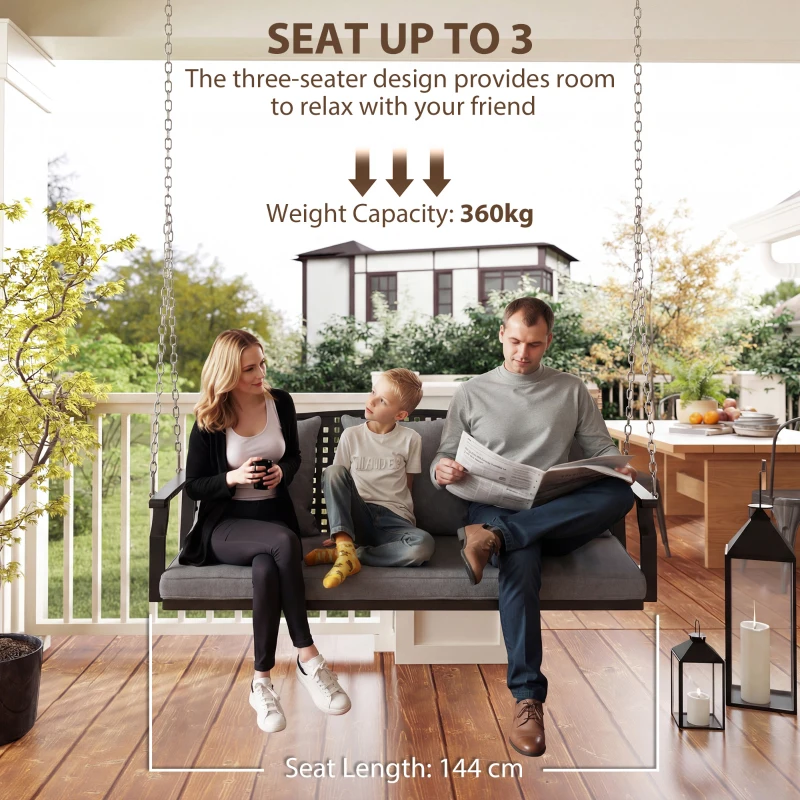 Outsunny 3-osobowa huśtawka na werandę, huśtawka ogrodowa z 3 poduszkami na oparcie, poduszką na siedzenie i zestawem do zawieszenia, szara