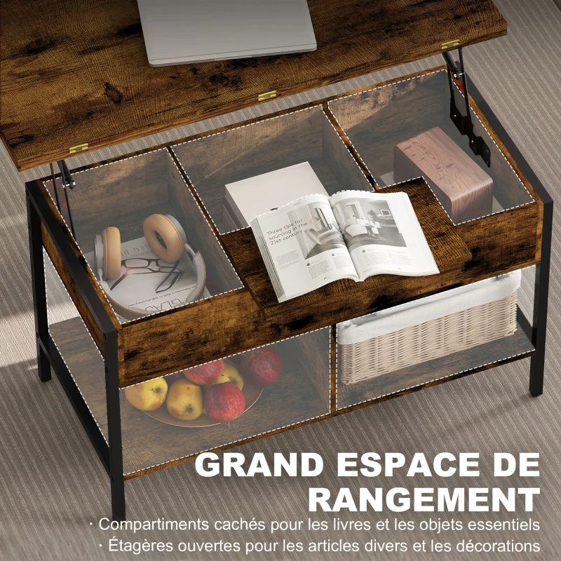 HOMCOM Table basse relevable et extensible, table de salon avec compartiment caché étagères ouvertes, 98x49x55cm, brun rustique