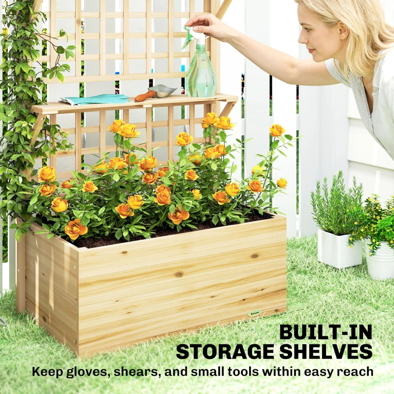 Outsunny Podwyższona donica z kratką i wiszącym dachem, drewniana donica z 2 półkami, otworami odpływowymi, 76 x 43,5 x 177 cm