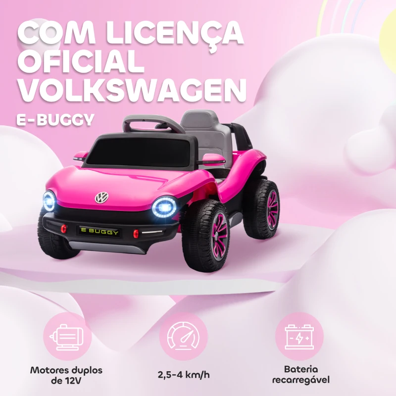 AIYAPLAY Carro Elétrico para Crianças Volkswagen E-Buggy Bateria 12V com Controlo Remoto 2,4 G Faróis LED Música USB 98x56,5x47 cm Rosa