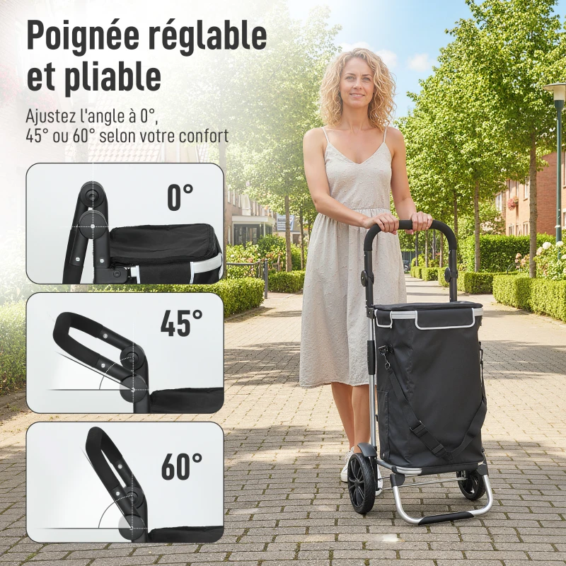 HOMCOM Chariot de courses pliable 40 L caddie de courses portable à roulettes avec poignée télescopique, 45,5x35,5x97cm, noir