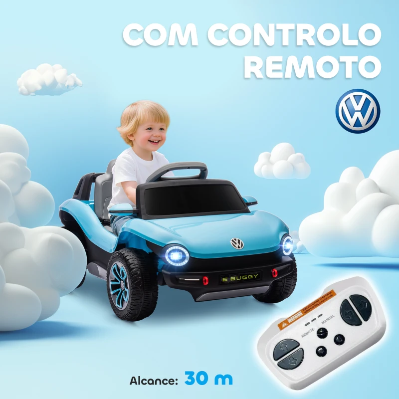 AIYAPLAY Carro Elétrico para Crianças Volkswagen E-Buggy Bateria 12V com Controlo Remoto 2,4 G Faróis LED Música USB 98x56,5x47 cm Azul