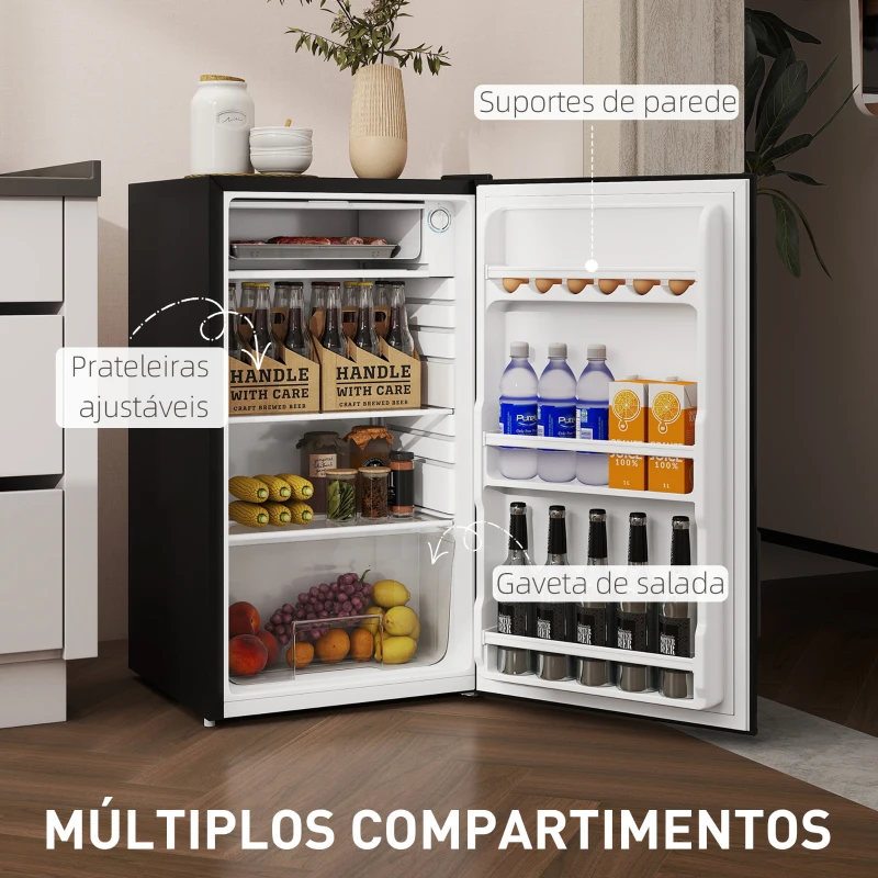 HOMCOM Frigorífico Pequeno com Congelador 91L Silencioso Porta Reversível Temperatura Regulável e Prateleiras Ajustáveis Preto